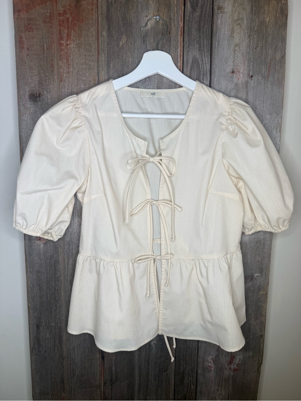 NLT Cream Woven Puff Sleeve Tie Front Blouse Small